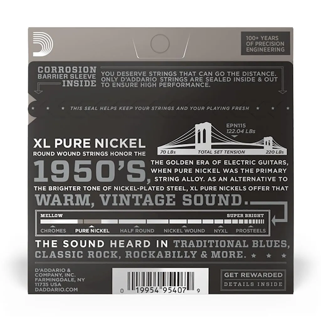 D'Addario - EPN115 - Pure Nickel Blues Jazz Rock 11-48 - Electric Guitar Strings