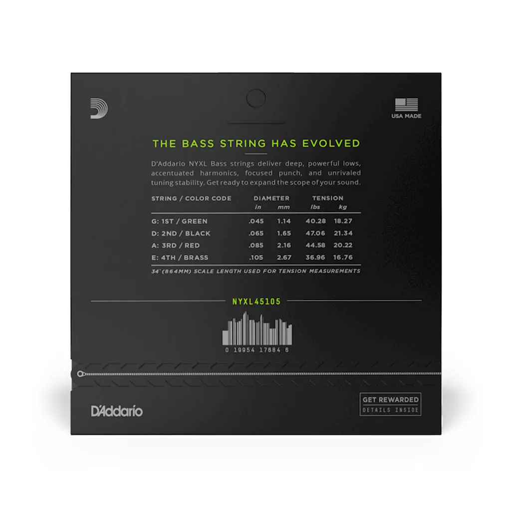 D'Addario NYXL45105 Nickel Wound Bass Guitar Strings, Light Top / Med Bottom, 45-105, Long Scale