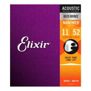 Elixir 11027 - Nanoweb 80/20 Custom Light 11-52 Acoustic Guitar Strings