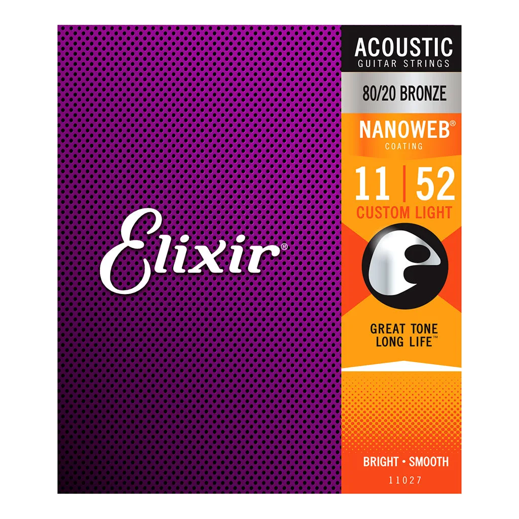 Elixir 11027 - Nanoweb 80/20 Custom Light 11-52 Acoustic Guitar Strings