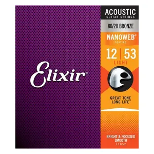 Elixir 11052 - Nanoweb 80/20 Light 12-53 Acoustic Guitar Strings 12-53 Light