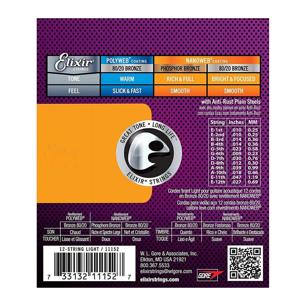 Elixir 11152 - Nanoweb 80/20 Bronze Light 10-47 12-String Acoustic Guitar Strings