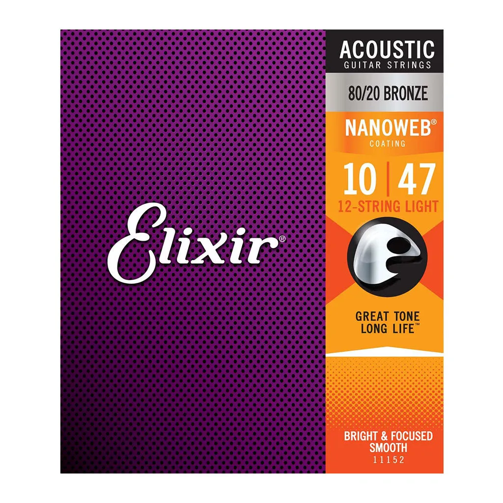 Elixir 11152 - Nanoweb 80/20 Bronze Light 10-47 12-String Acoustic Guitar Strings