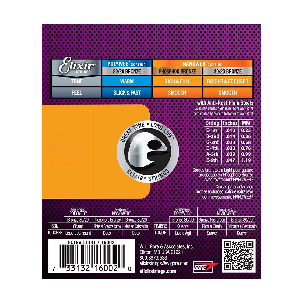 Elixir 16002 Nanoweb Phosphor Bronze Extra Light 10-47