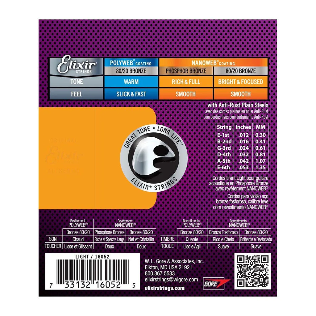 Elixir 16052 Nanoweb Phosphor Bronze Light 12-53