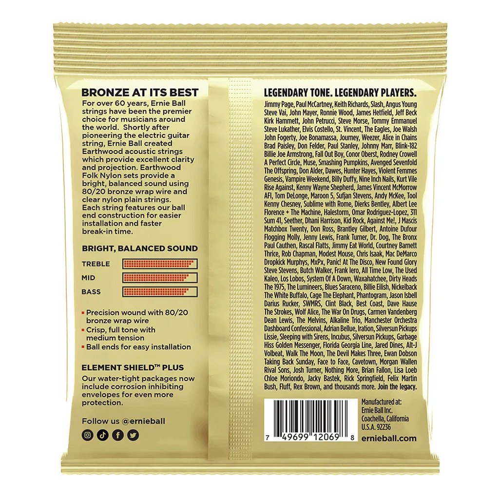 Ernie Ball Earthwood 80/20 Bronze Folk Nylon Classic Ball End Acoustic Guitar Strings, 28-42 Gauge