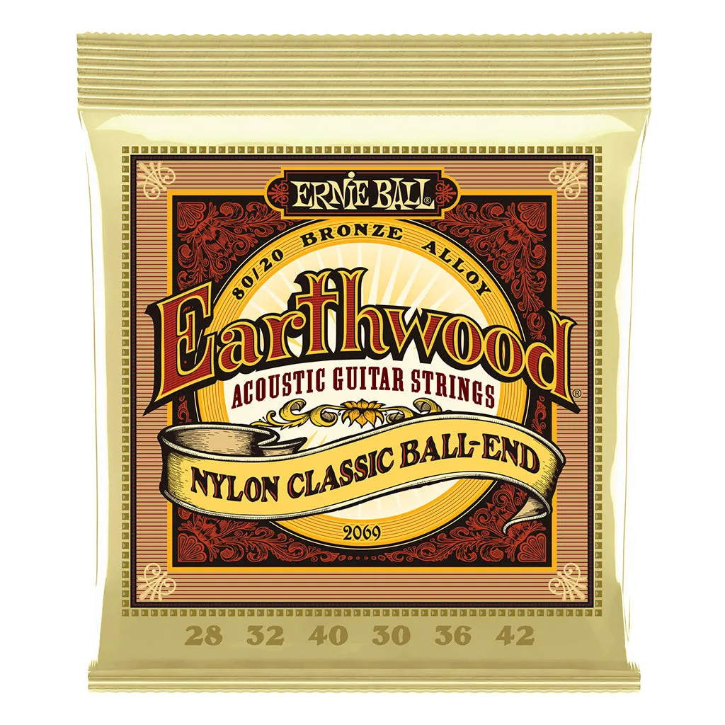 Ernie Ball Earthwood 80/20 Bronze Folk Nylon Classic Ball End Acoustic Guitar Strings, 28-42 Gauge
