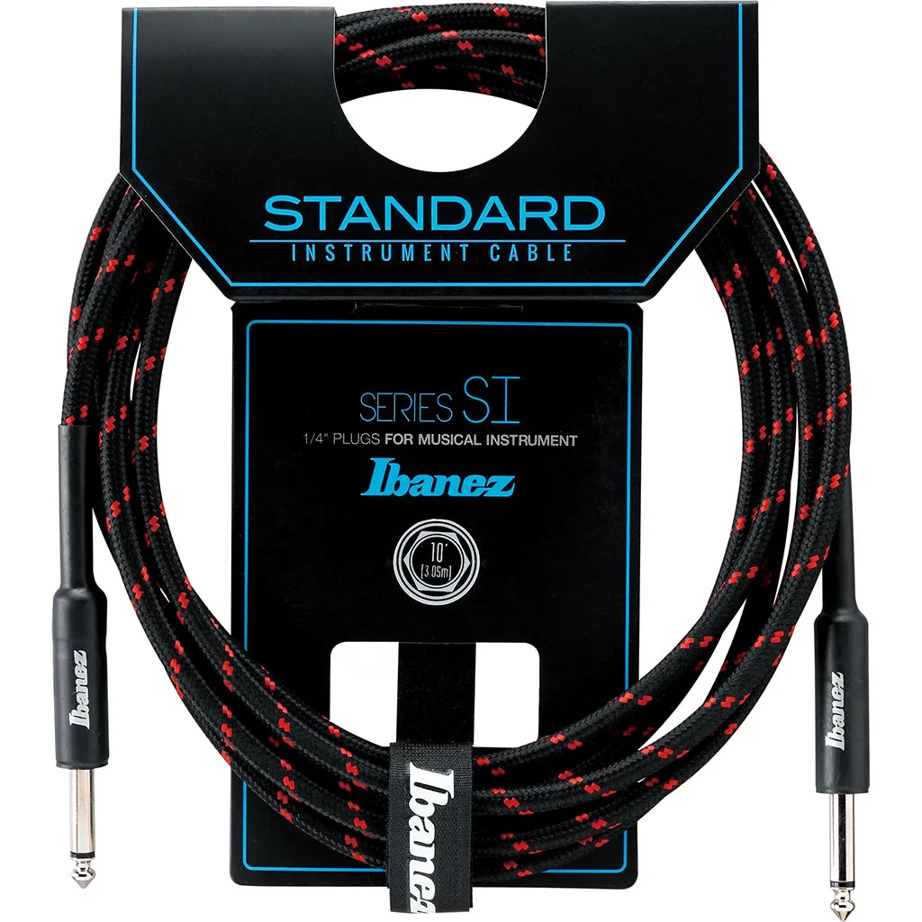 Ibanez SI10 BW Woven Guitar Cable w/ 2 Straight Plugs - 10ft (Black/Wine Red)