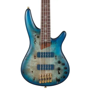 Ibanez SR6605 5-String Bass Mappa Burl Top with Rosewood Fretboard and Case - Ghost Fleet Blue Burst