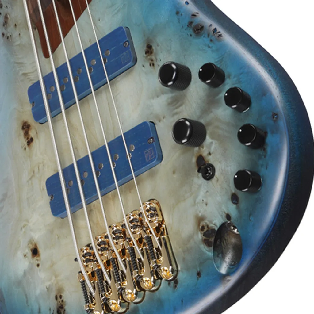 Ibanez SR6605 5-String Bass Mappa Burl Top with Rosewood Fretboard and Case - Ghost Fleet Blue Burst